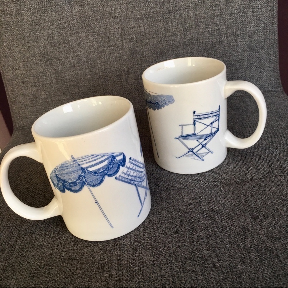 Set/2 Coastal Beach Chair Scene Coffee Mugs, White, Blue, 11 oz